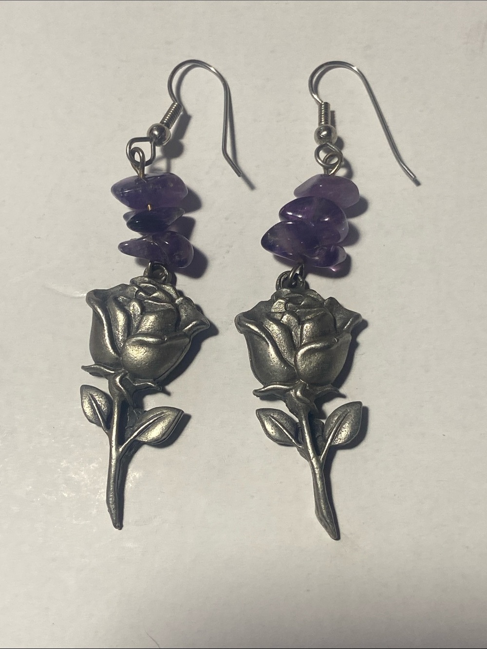 Handcrafted Pewter Rose Stem & Amethyst Chips Dangle Earrings 2.5” drop